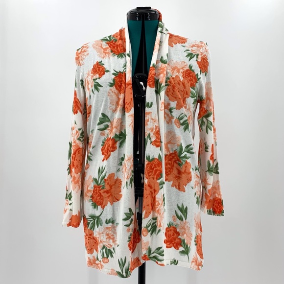 H&M Orange Floral 3/4 Sleeve Open Front Lightweight Knit Cardigan, Large - Picture 2 of 16